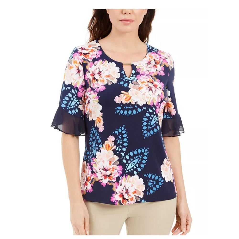 JM Collection Liza Floral-Print Keyhole Top -Large